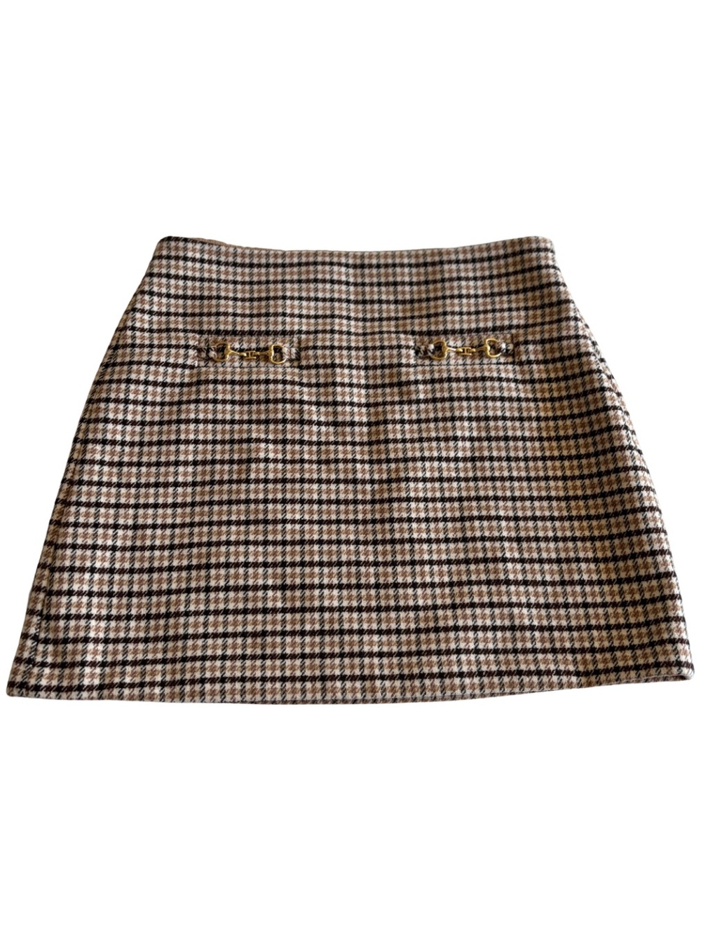 LOFT Petites Horsebit Plaid Mini Skirt 10P Brown Tan Houndstooth Lined Academia